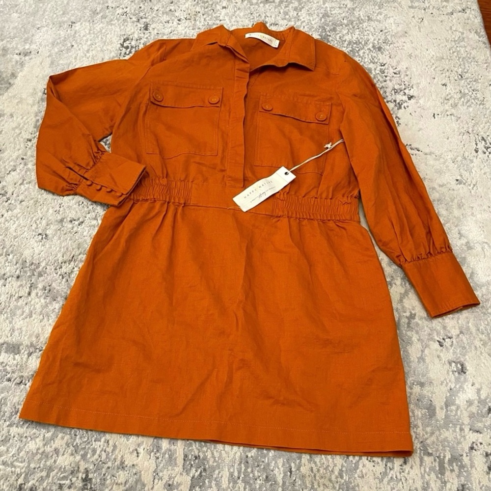 Happy Nature LINEN Orange Long Sleeve Utility Dress Large NEW